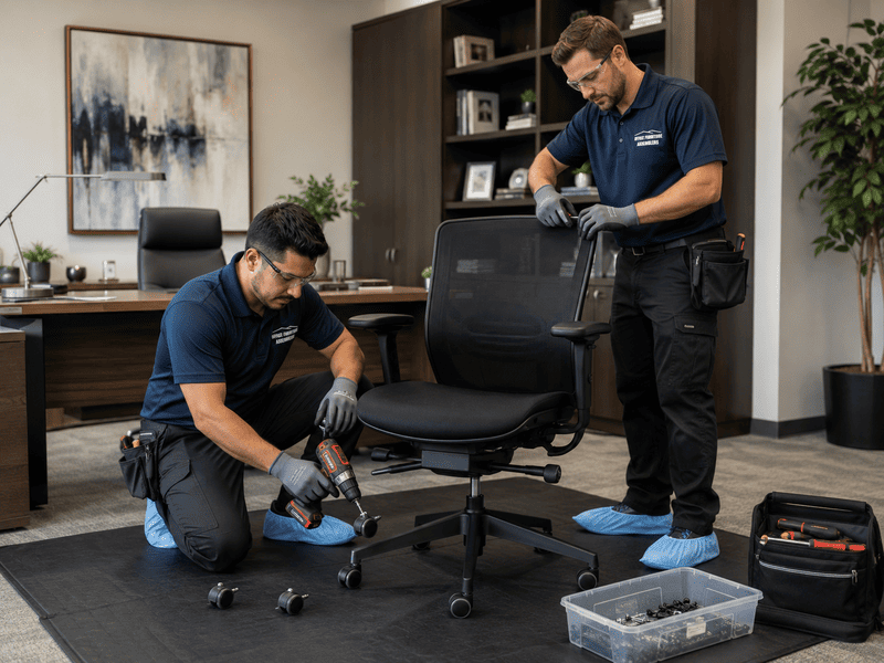 Two technicians assembling a black office chair in a home office with tools and parts nearby