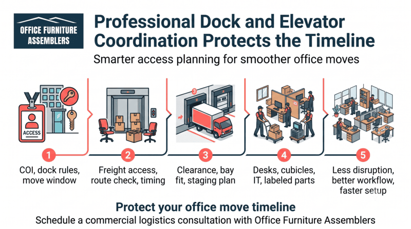 Infographic on dock and elevator coordination timelines for smooth office moves, with movers and furniture icons.