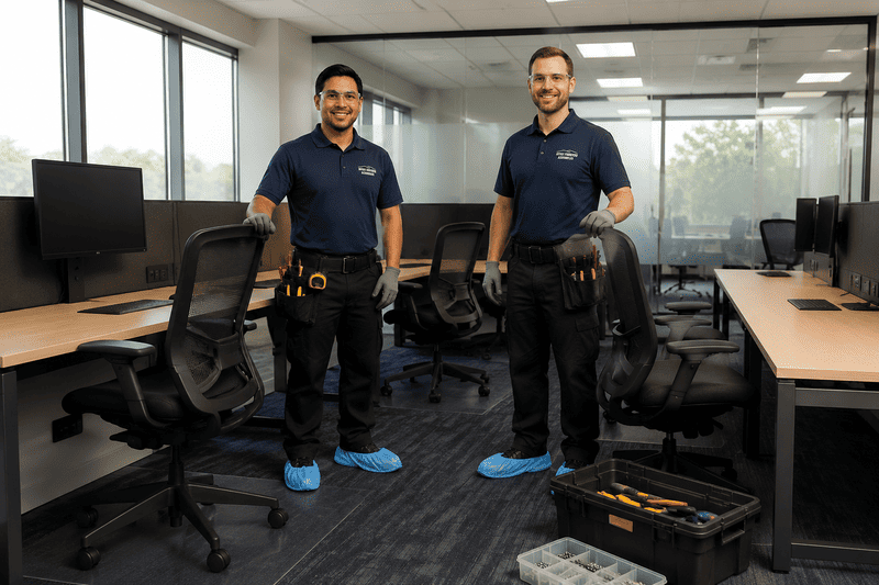 Two workers standing in a modern office among chairs, desks, and cleaning supplies