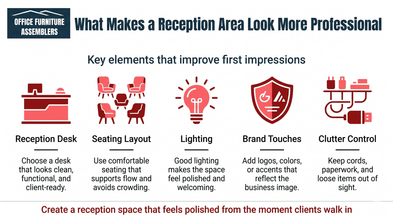 Infographic on reception area design: desk, seating, lighting, branding, and clutter control for a polished look