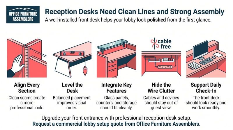 Infographic on reception desk assembly, with pink desk panels and labels about aligning, leveling, integrating, hiding wires, and support.