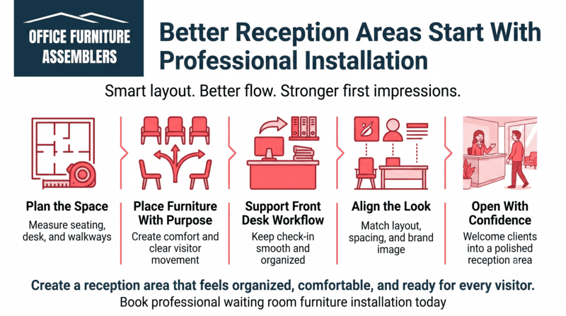 Infographic on professional reception area installation with five steps and office furniture assembly icons.
