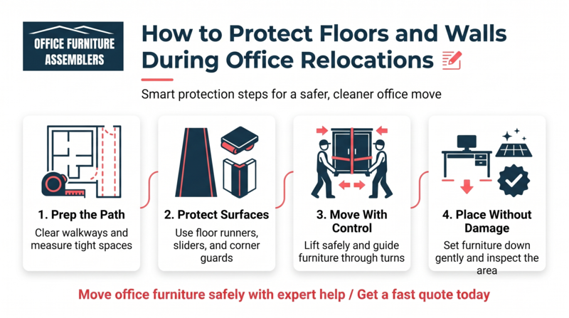 Infographic about protecting floors and walls during office furniture moves, with four safety tips and icons