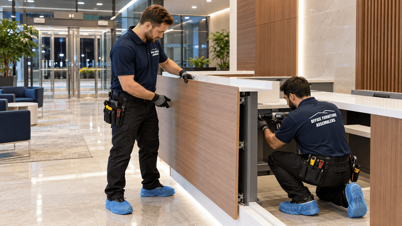 Technicians installing a reception desk during a scheduled off-hours office furniture project