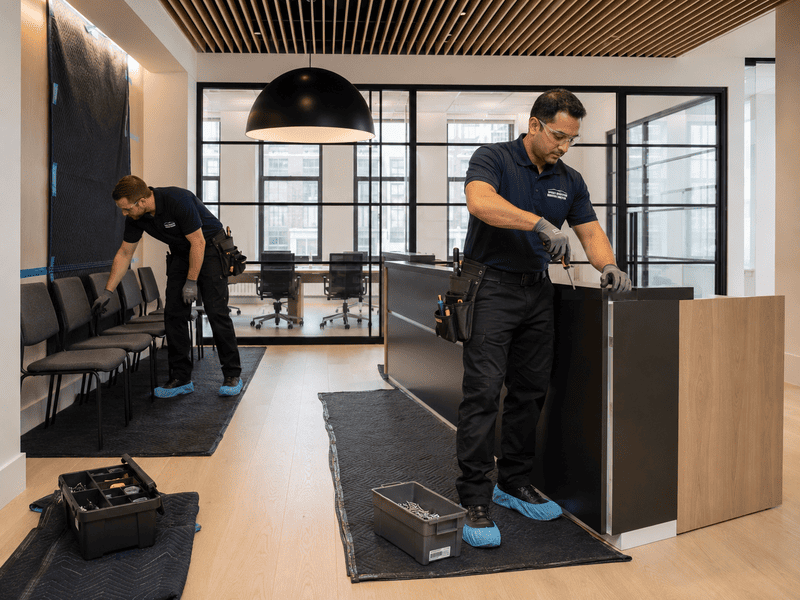 Two workers cleaning a modern office lobby, with cleaning supplies and equipment on the floor.