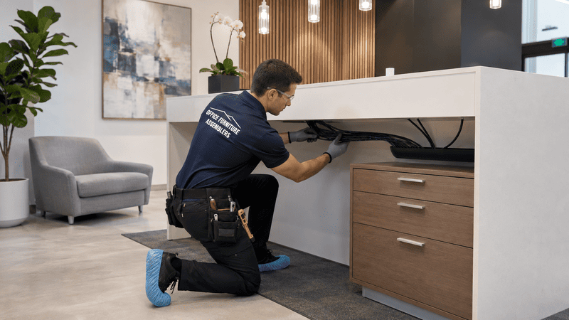 Technician kneeling under a salon chair, adjusting wiring in a modern salon interior