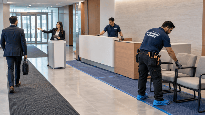 Office furniture installers working in a reception area while a separate visitor route remains open