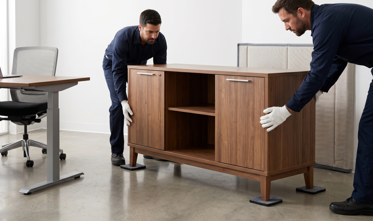 Two workers moving a wooden cabinet in a modern office room