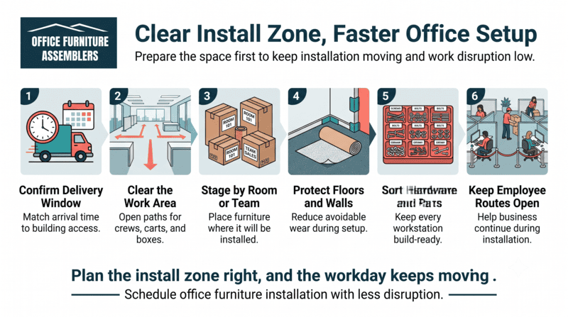 Office setup infographic: clear install zone, protect floors, confirm delivery, and keep pathways open.