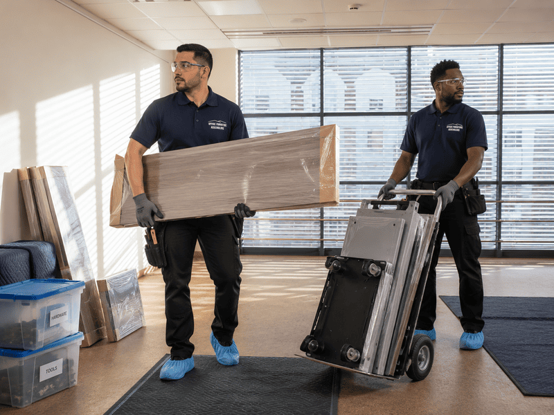 Two movers carrying furniture and a dolly in a bright room with boxes and windows
