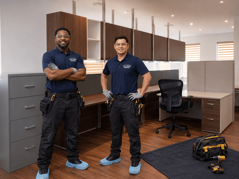 Two workers standing in a modern office with desks, cabinets, and a toolbox on the floor.