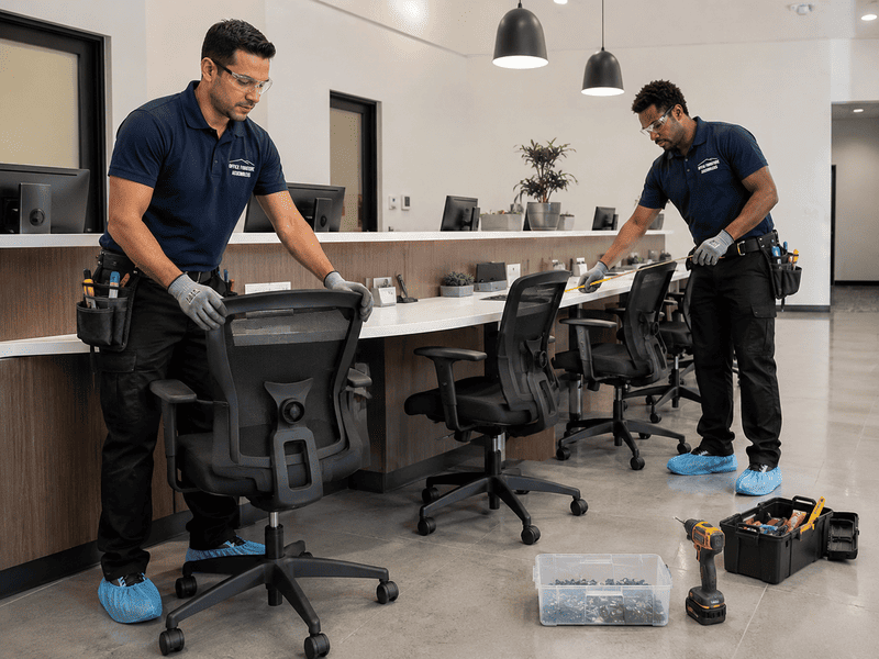 Two technicians cleaning office chairs at a workbench, with tools and supplies on the floor.
