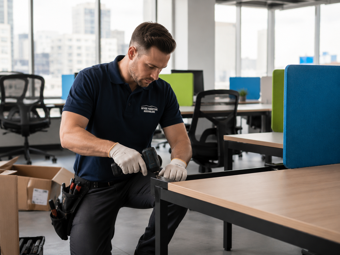 Worker tightening a black table leg in a bright office with boxes and desks nearby