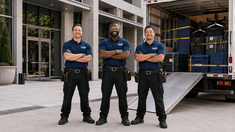 Three uniformed security guards stand in front of a building beside a truck ramp.