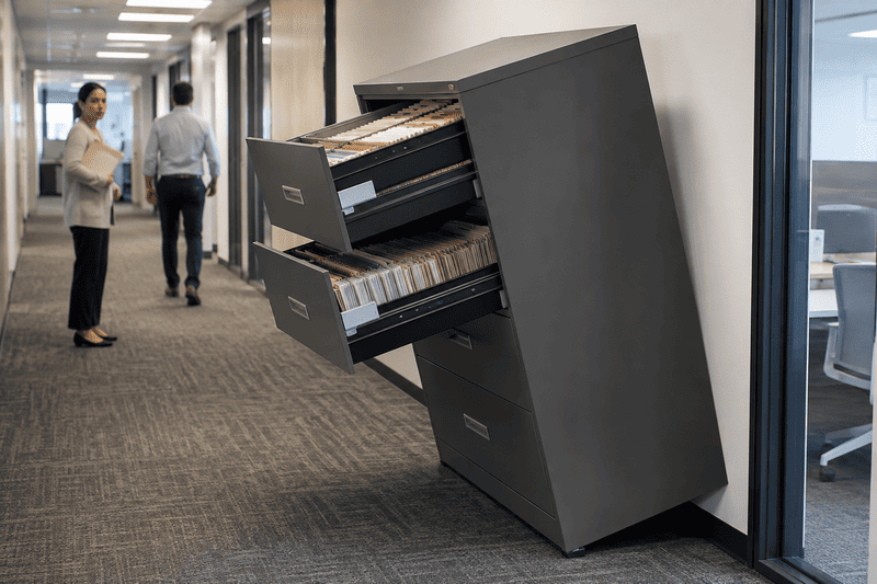 Two office workers walk past a tilted piano against a glass wall in a hallway