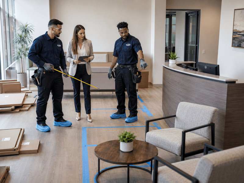 Two security staff measuring distance in a modern lobby beside a seated woman