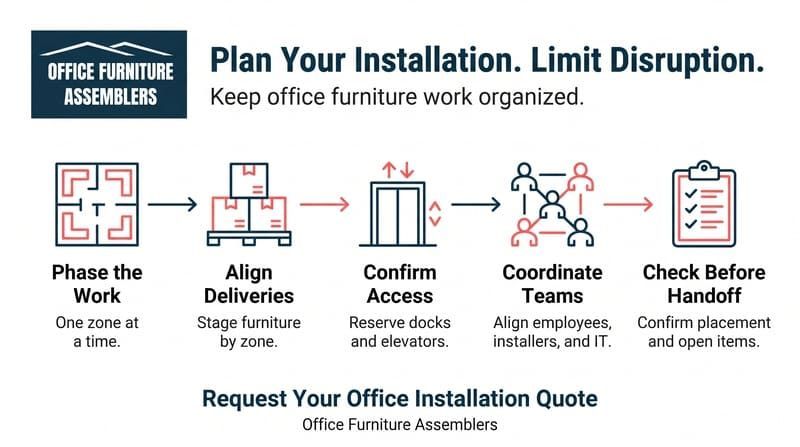 Office furniture installation infographic with six steps: phase work, align deliveries, confirm access, coordinate teams, check final walk-through