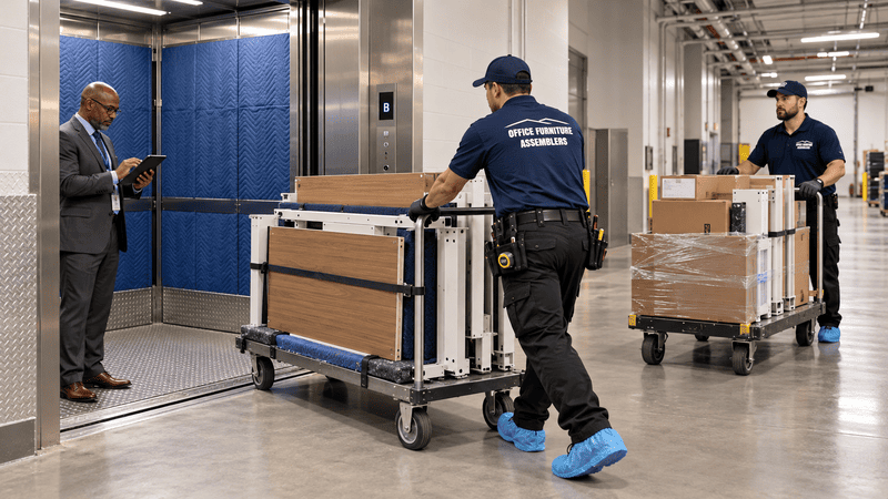 Office furniture installers moving staged desk components toward a freight elevator in a Washington DC office building