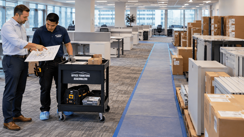 Installation lead and facility manager reviewing a floor plan beside an organized office furniture staging area