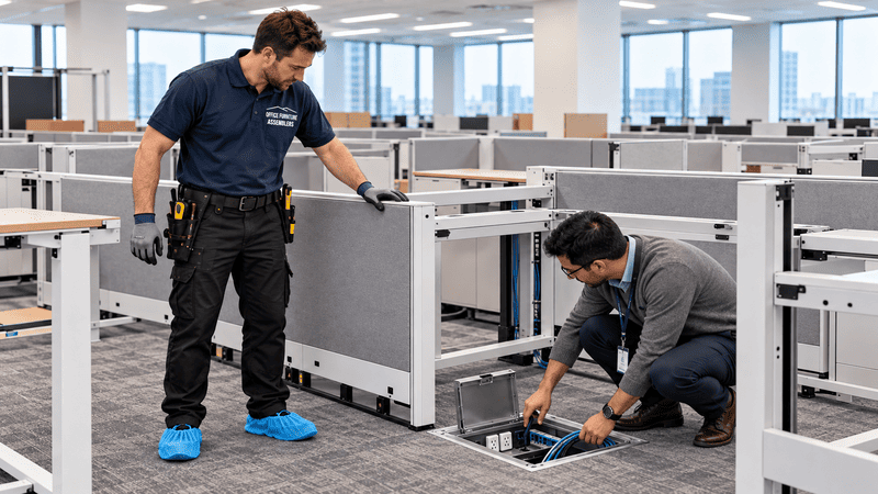 Office furniture technician coordinating workstation placement with an IT professional