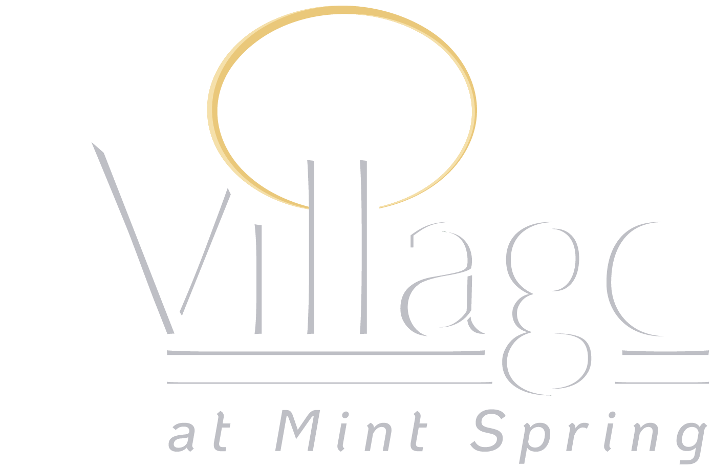 Logo for Village at Mint Spring, text below gold circle and angled