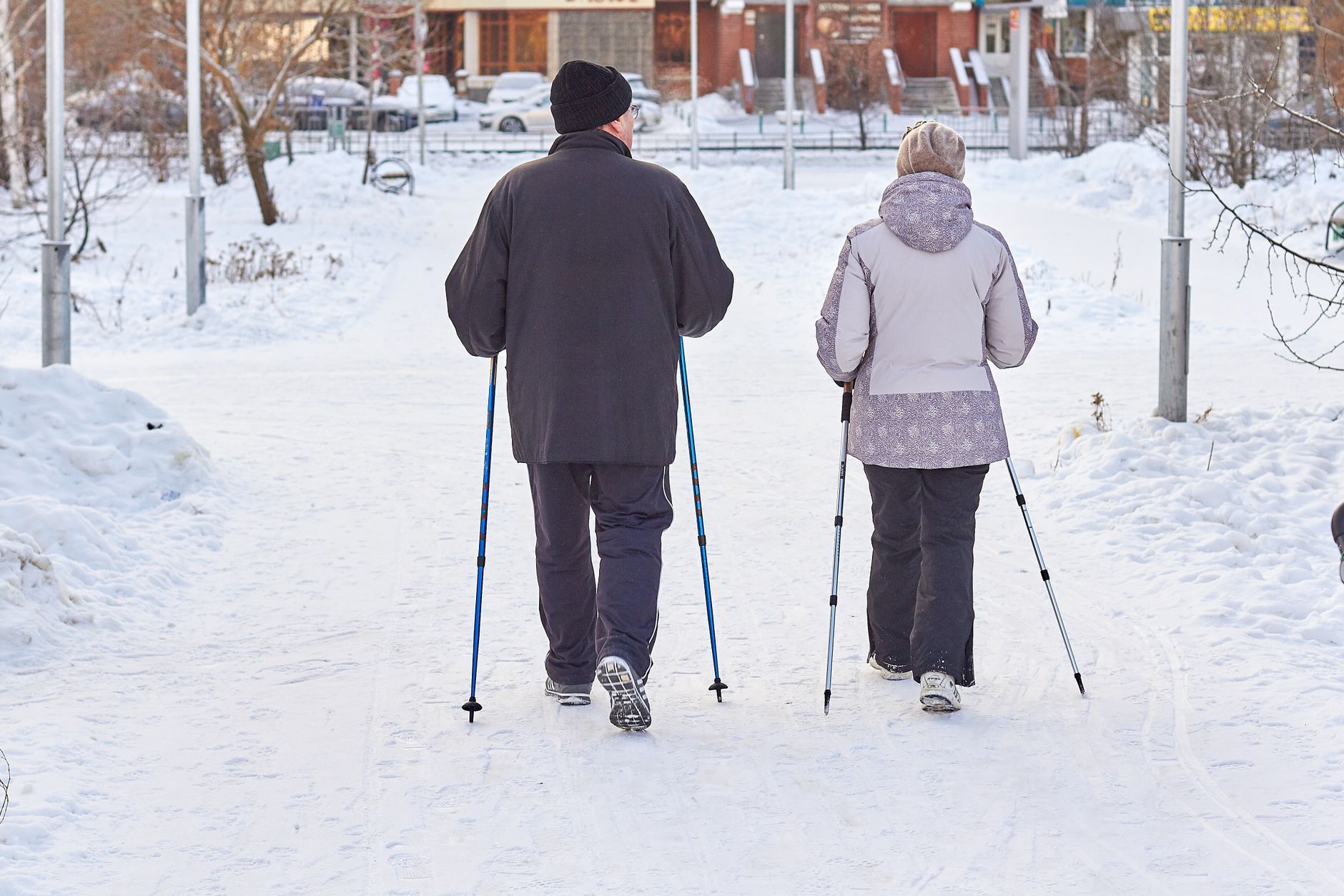 Active older couple walking with trekking poles on a snowy path