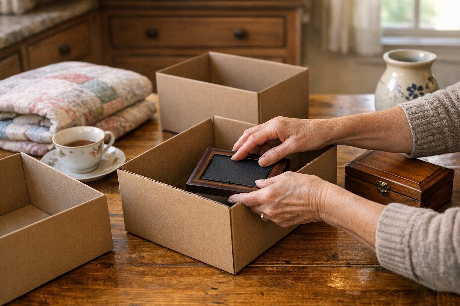 Woman's hands packing a framed photo into moving boxes at a kitchen table