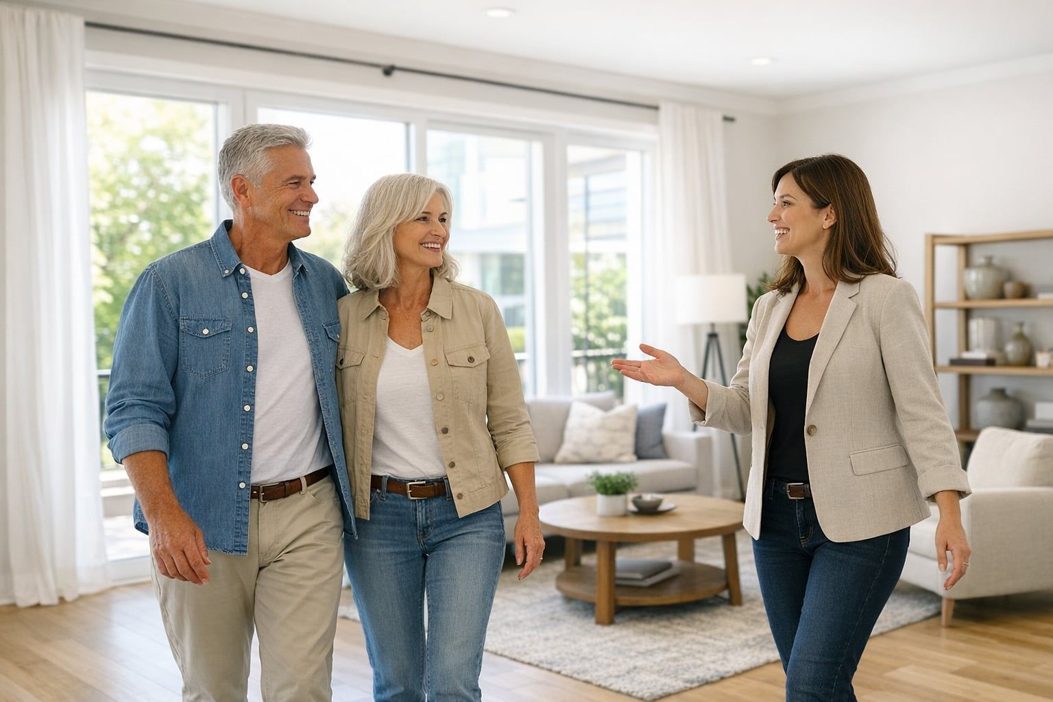 Active couple in their sixties touring a bright modern townhome with a guide