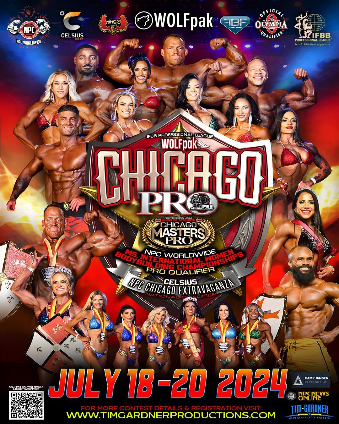 Chicago Pro wrestling poster with multiple athletes, bold red-and-gold design, July 18-20, 2024 at WOLFPak