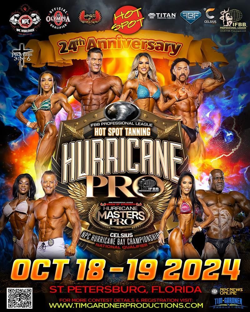 Marquee Pro bodybuilding poster with six posing athletes, flames, and “Oct 18-19 2024” in St. Petersburg, Florida