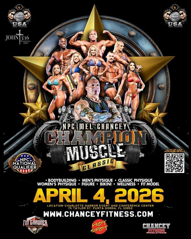 Muscle competition poster with athletes on a gold star, “Champion of Muscle,” April 4, 2026, and website.