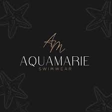 Aquamarie Swimwear logo on a black background with faint starfish outlines