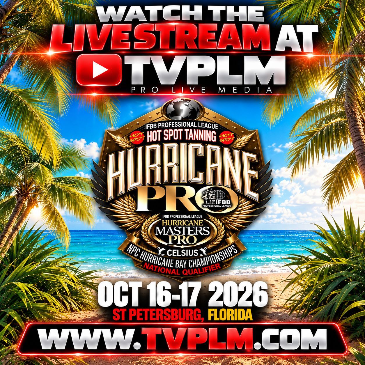 Puerto Rico Pro bodybuilding poster with two posing athletes and April 18, 2026 event details