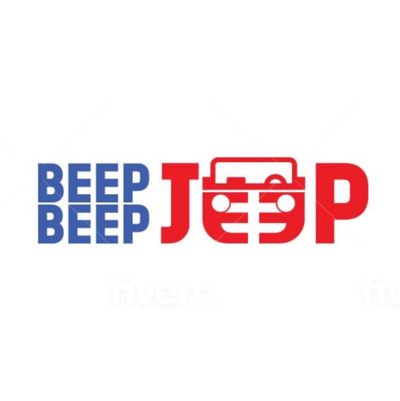 BEEP BEEP JEEP logo in blue and red with a stylized jeep grille and headlights