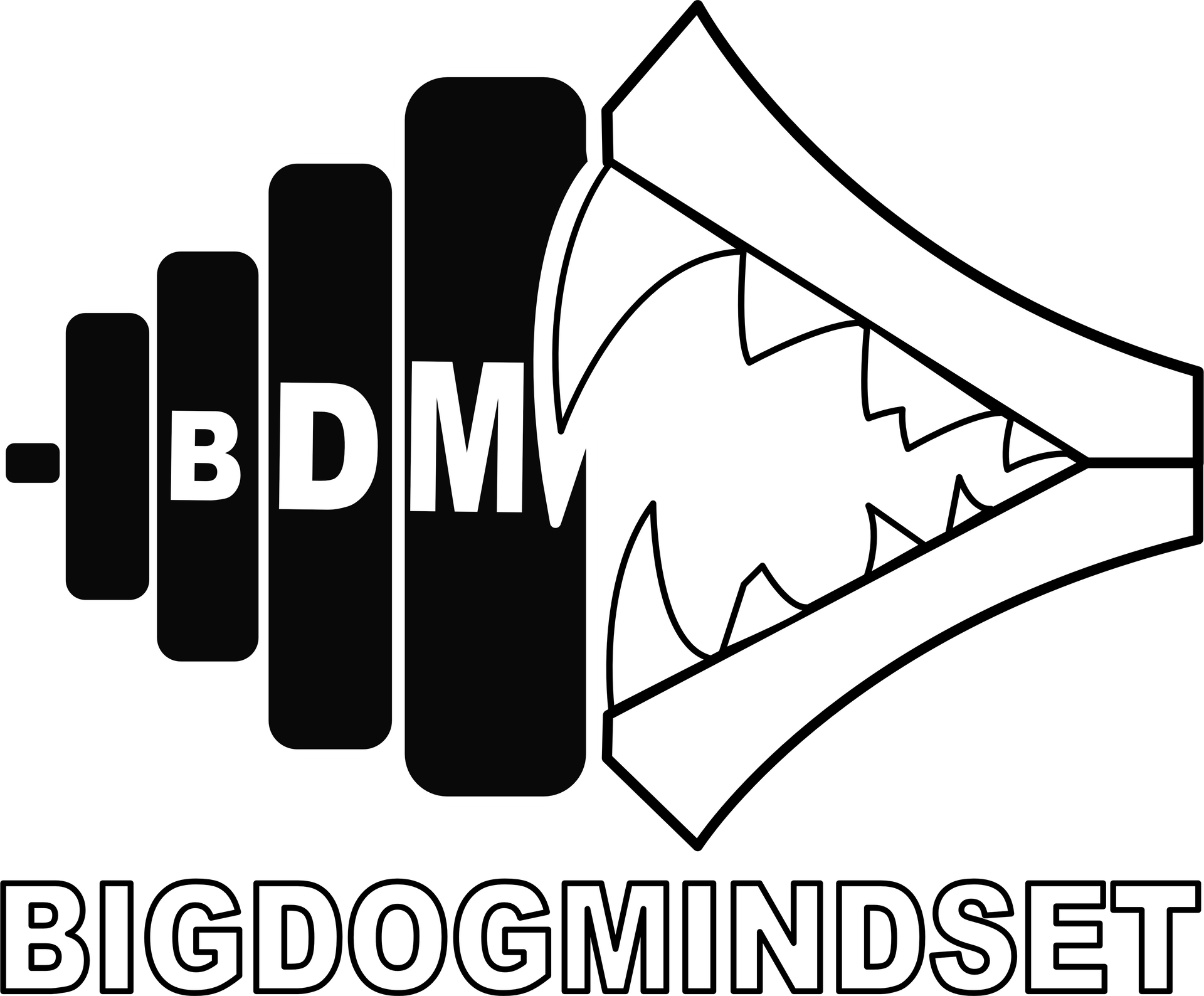 Black-and-white Big Dog Mindset logo with BDM letters and a dog mouth graphic around text.