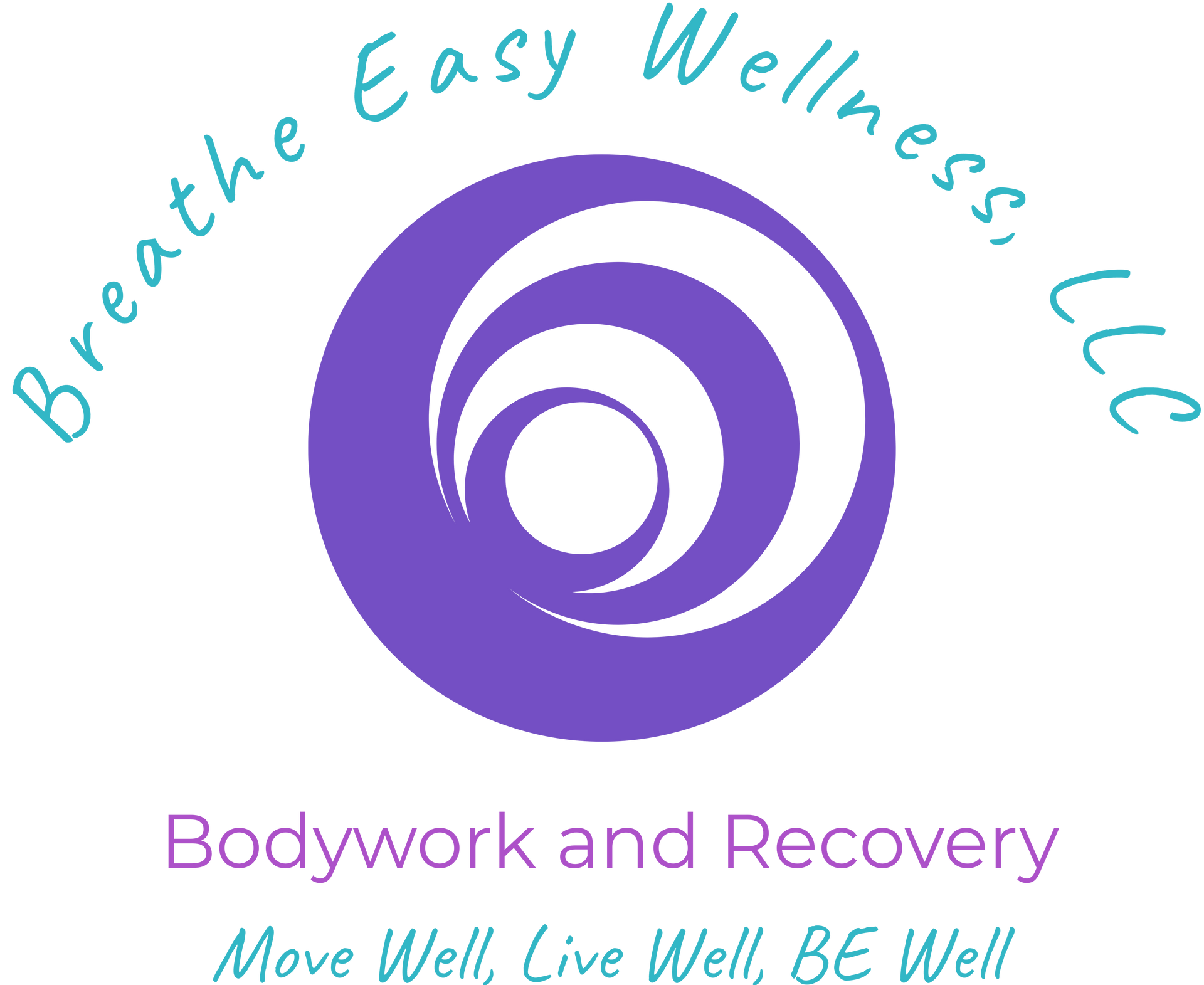 Breath Easy Wellness LLC logo with purple spiral and text “Bodywork and Recovery” and “Move Well, Live Well, BE Well”