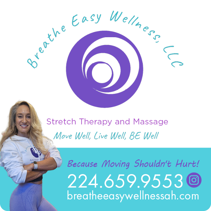 Breathe Easy Wellness LLC logo with purple spiral, massage therapist photo, phone number, and website on blue background
