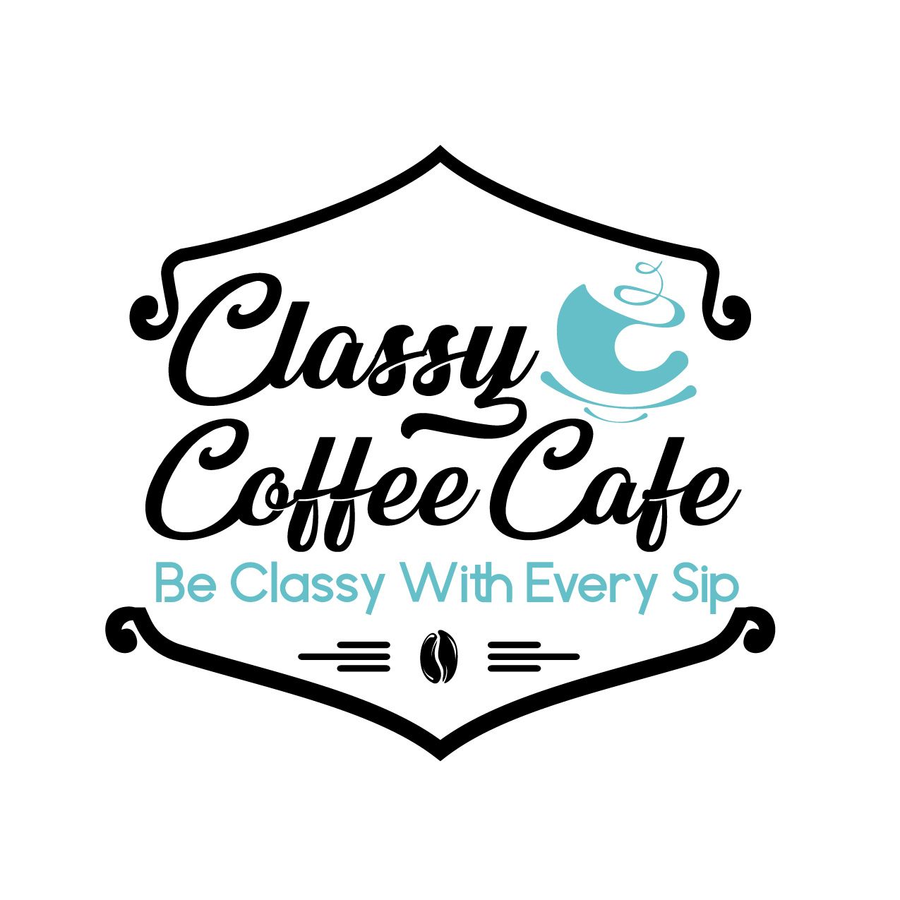 Classy Coffee Cafe logo with black script text, teal coffee cup, and tagline “Be Classy With Every Sip”