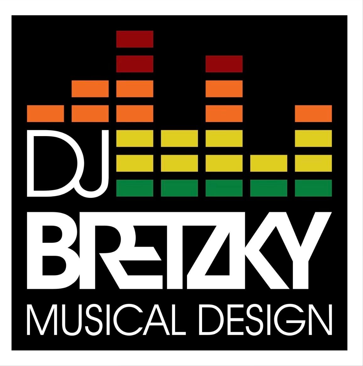 The logo for dj bretzky musical design has a graphic of a equalizer on it.