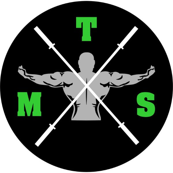 Black circular logo with a gray muscular figure, crossed white bars, and green letters T, M, and S.