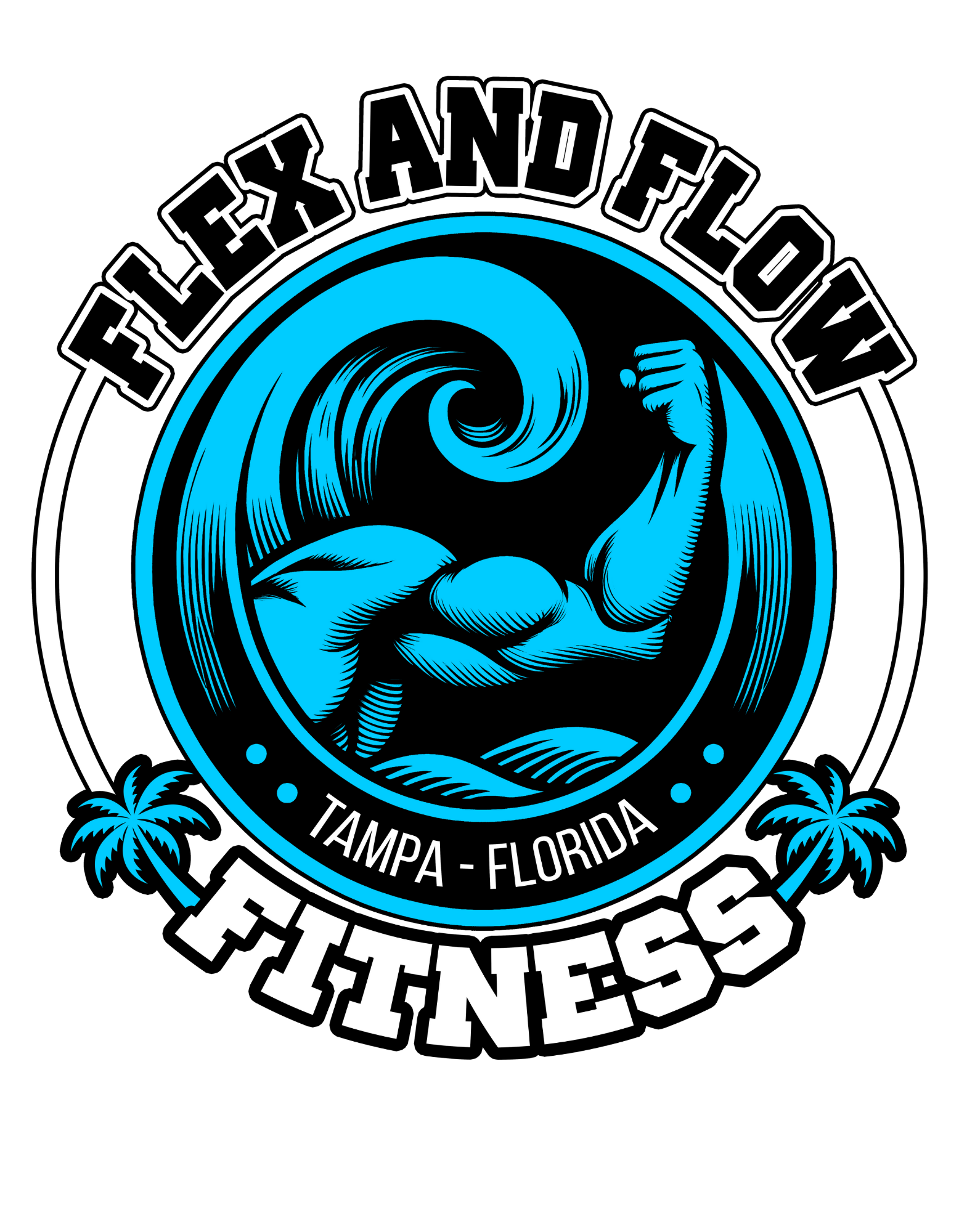 Flex and Flow Fitness logo with blue muscular figure and Tampa, Florida text