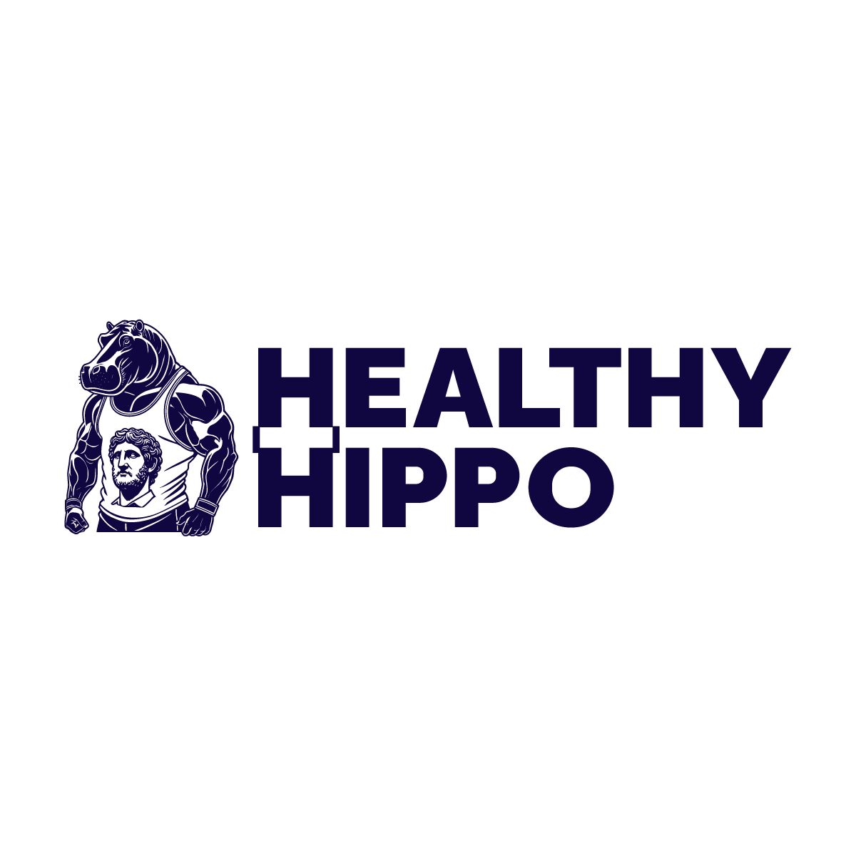 Healthy Hippo logo in dark blue with a hippo illustration and bold text on a white background