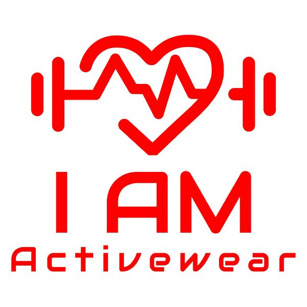 Red heart with ECG line and dumbbells above “I AM Activewear” in red text