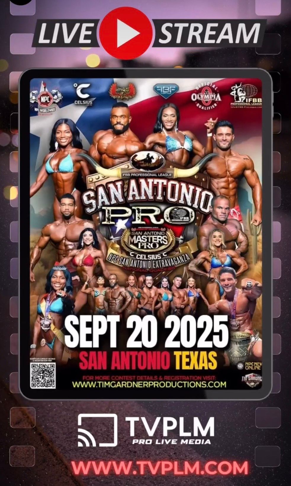 Live stream promo poster for San Antonio Pro Wrestling, Sept 20 2025, with wrestlers and TVPLM logo.