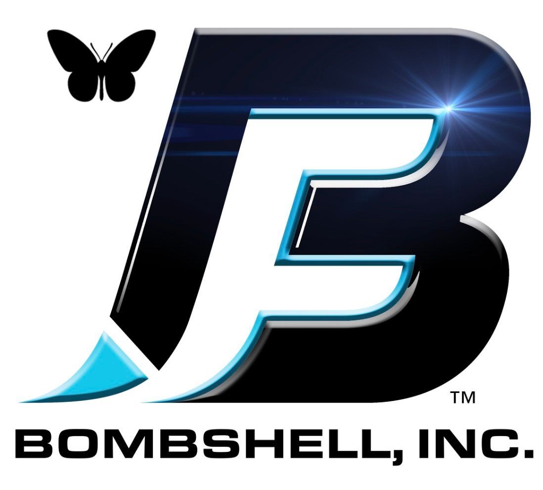 Bombshell, Inc. logo with a black butterfly and blue-black stylized B on white background