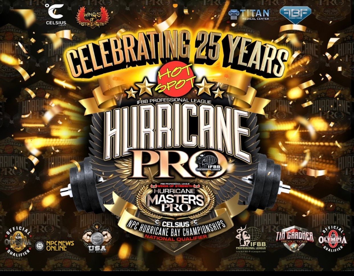 Hurricane Pro Masters 2024 anniversary poster with gold confetti and wrestling logos