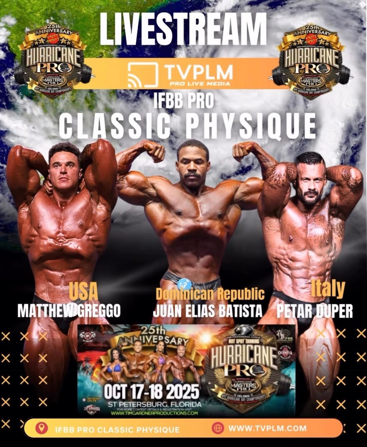TVPLM IBFF Pro Classic Physique livestream poster with three bodybuilders and event date Oct 17-18, 2025