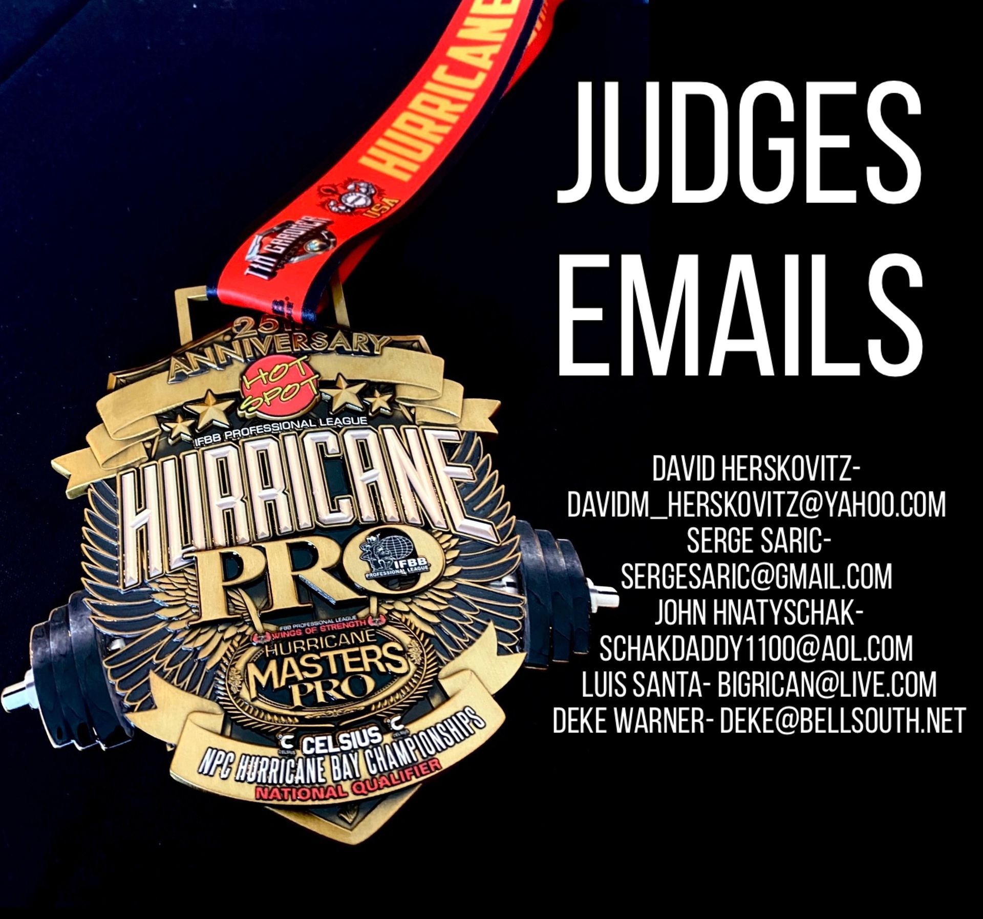 Judges emails poster with MMA belt graphic and contact list on black background