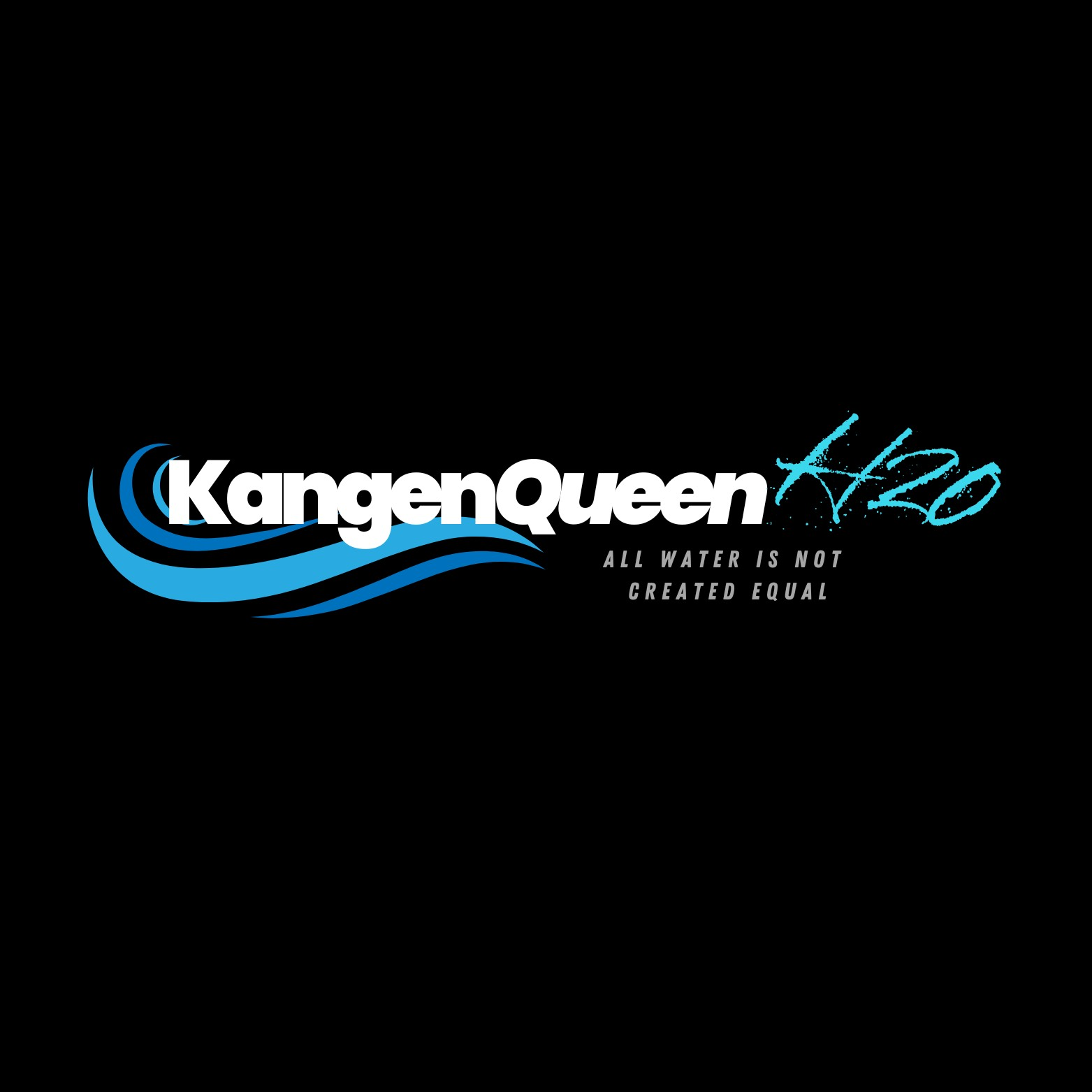 KangenQueen H2O logo in white and blue on a black background, with small tagline text below