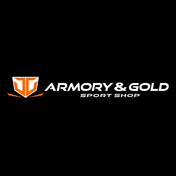 Orange shield logo with white “ARMORY & GOLD” text and “SPORT SHOP” on black background